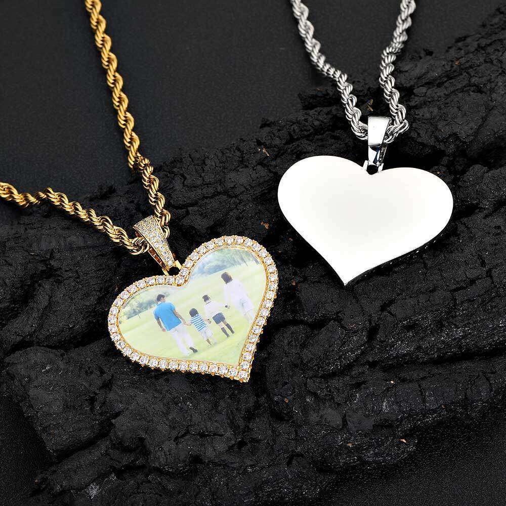 Medium Heart Men's Necklace Hip-Hop DIY Creative Photo Frame Zircon Pendant ed6e
