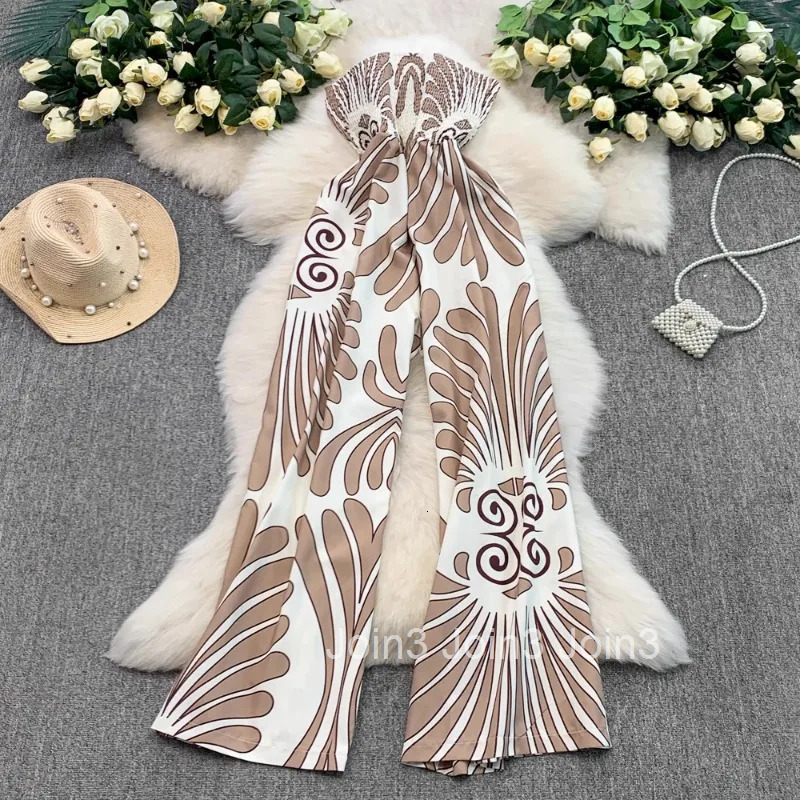 Sexy Jumpsuit Slash Neck Strapless Jump Suit for Women Floral Folds Slim Waist Rompers Fashion Summer Wide Leg Pants Palysuit