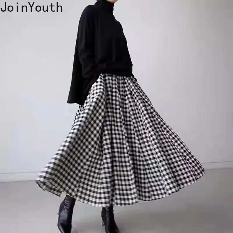 2025 Faldas Mujer De Moda Vintage Skirts Women Clothing High Waist A-line Jupe Fashion Plaid Loose Saia Korean Long Skirt 7L770