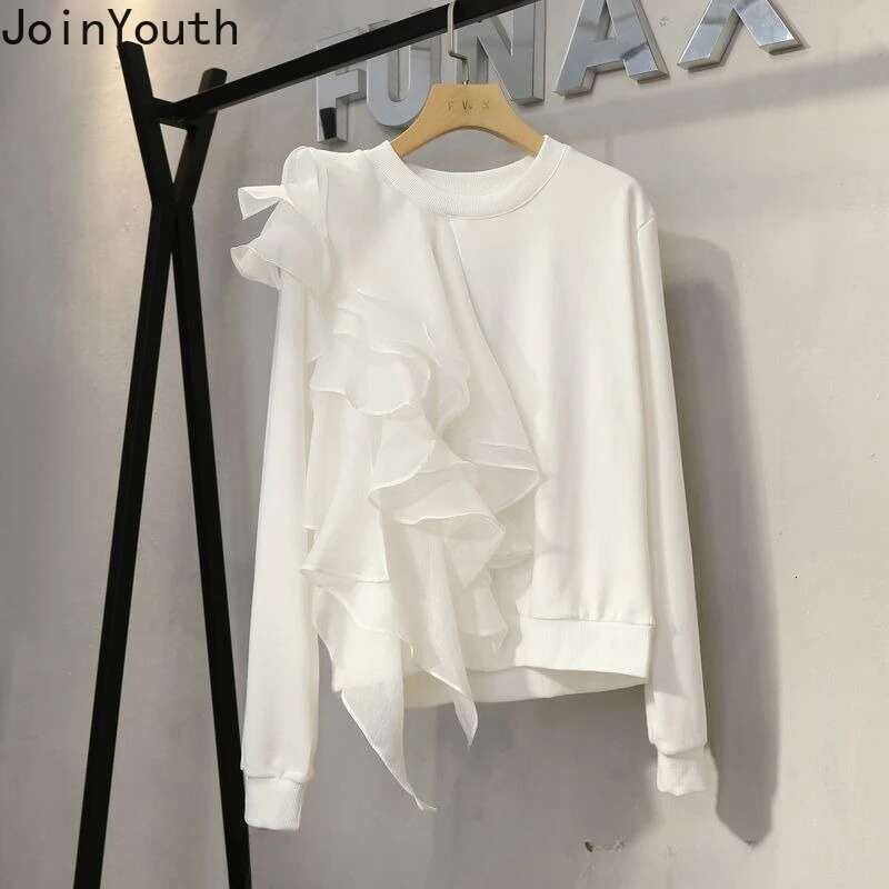 2025 Women Clothing White Hoodies O-neck Long Sleeve Oversized Sweatshirts Y2k Tops Chic Ruffles Irregular Fashion Casual Hoodie