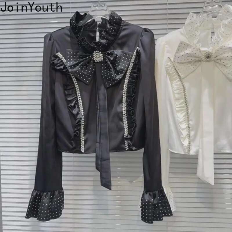 Crop Tops Fashion Diamond Blouses Womens Clothes Long Sleeve Ruffles Tunic Shirts 2025 Blusas Mujer De Moda Bow Ruffles Blouse