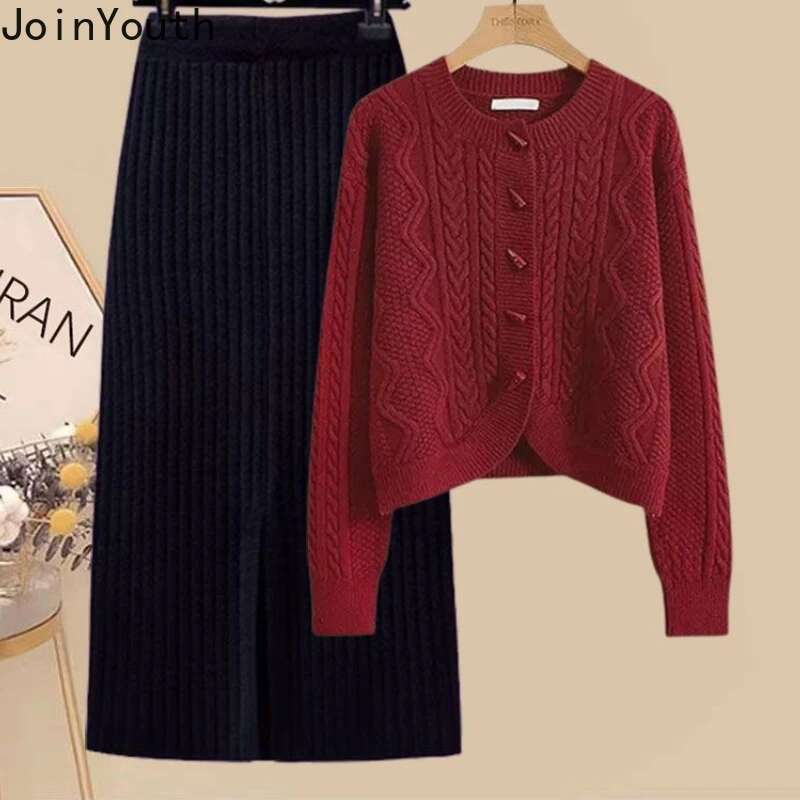 Skirt Suit Two Piece Sets Womens Outfits Roupas Femme O-neck Sweater Coat High Waist Bodycon Skirt Sets Casual Knitted Clothes