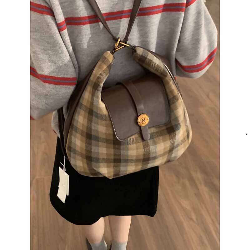 designer bag Korean Wind Casual Wool Plaid Backpack for Women Autumn 2024 New College Style Single Shoulder Tote Bag