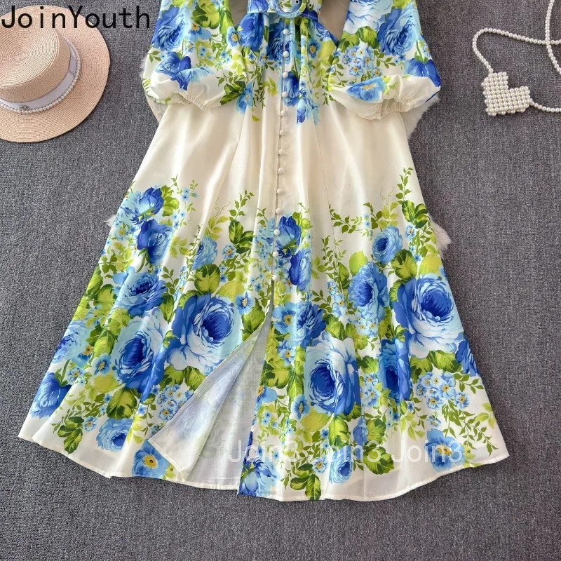 Korean Women Dress 2025 Vestidos De Mujer Slim Waist Stand Neck Temperament Robe Femme Floral Vintage Summer Maxi Dresses 27w038