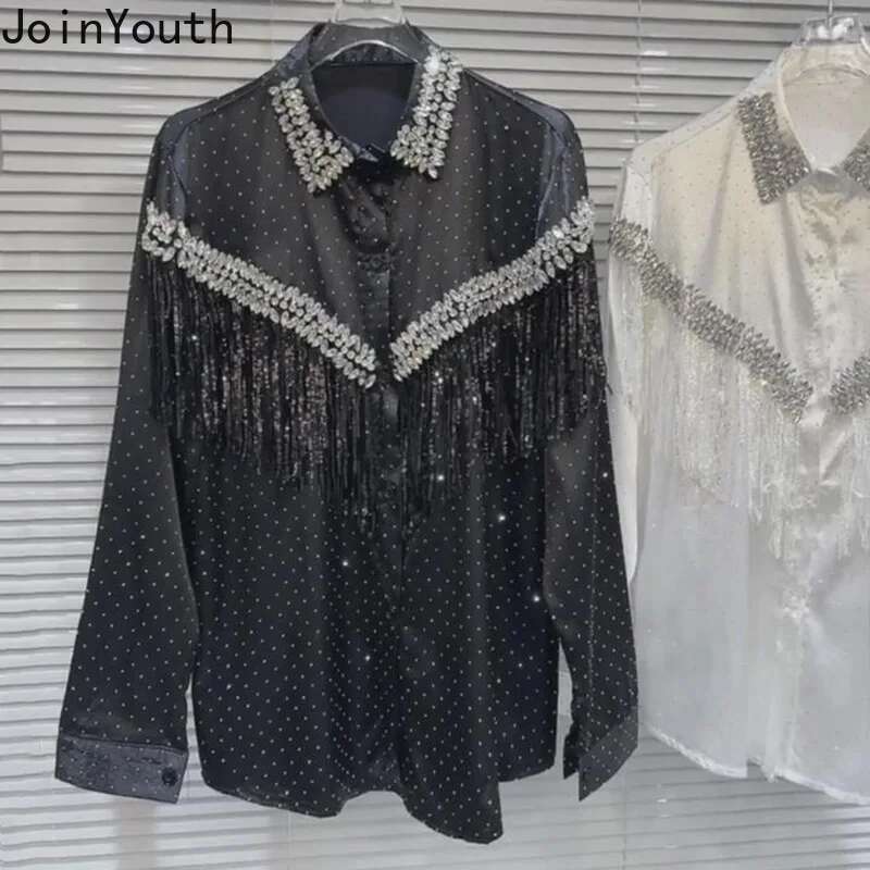 Temperament Tops Blouse for Womens Heavy Diamond Tassel Shirts Long Sleeve Fashion Korean Blouses Tops 2025 Camisas De Mujer
