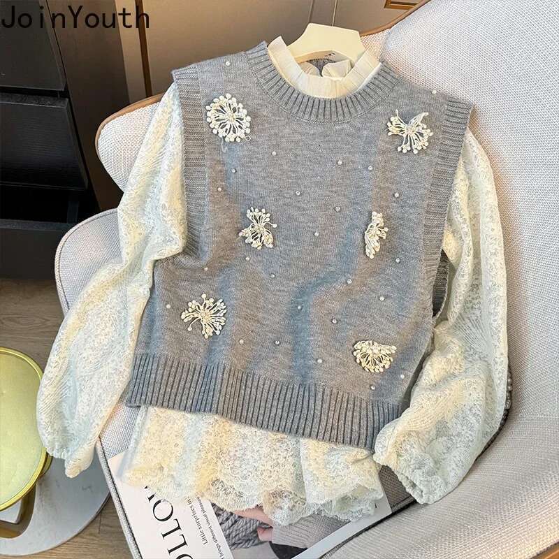 Sweet Vest Sweater Suit Fashion Two Piece Sets Women Clothing Beading 3D Floral Tanks Lace Embroidery Long Sleeve Shirts Outfits