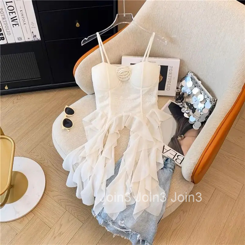 Sweet Tanks Women Clothing Fashion Irregular Crop Tops Slim Fit Backless Summer Camis 3D Floral Ruffles Vest 2025 Ropa Mujer
