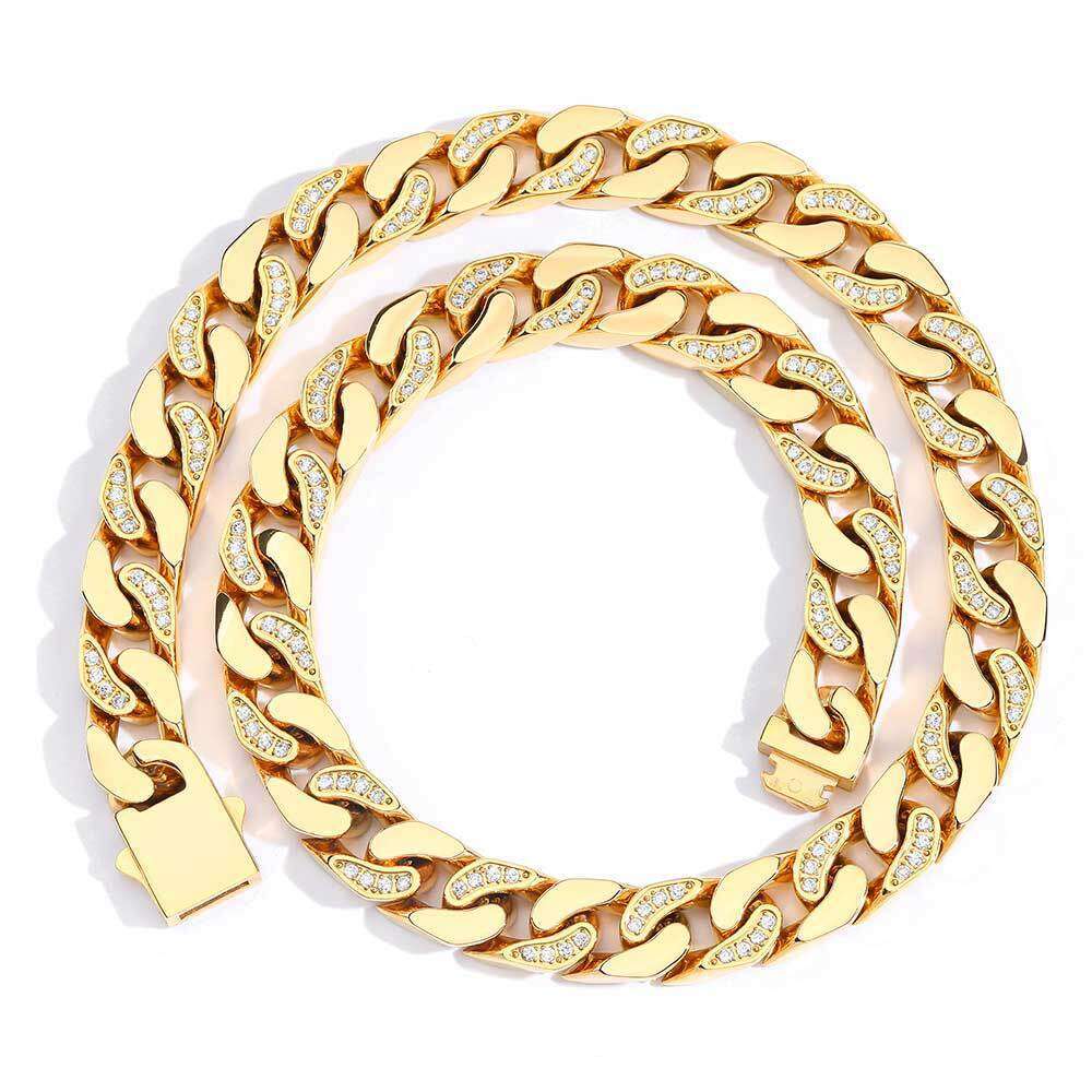 Hip Hop 12mm Stainless CNC Semi-Inlaid Dia Zirconia Four-Sided Polished Cuban Chain Titanium Steel Necklace 6c2c