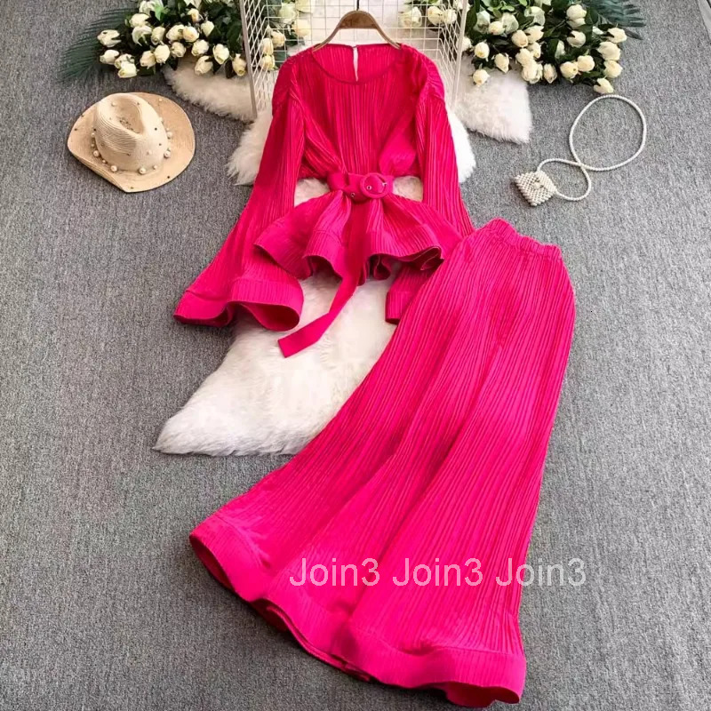 Two Piece Sets Womens Outifits Korean Clothing O-neck Flare Sleeve Shirt High Waist A-line Skirt Suit Solid Color Pleated Set