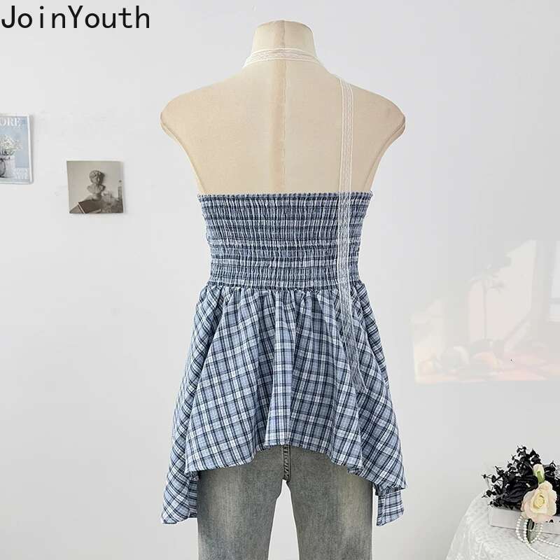 Plaid Vest Women Clothing Backless Sleeveless Camis 20258 Ropa Mujer Fashion Irregular Folds Casual Summer Tanks Sweet Y2k Tops