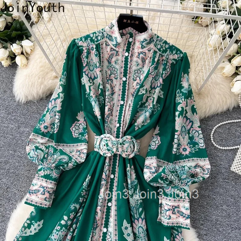 Summer Woman Dress Stand Neck Slim Waist Single Breasted Robe Femme Lantern Sleeve Vintage Floral Maxi Dresses Vestido Femme