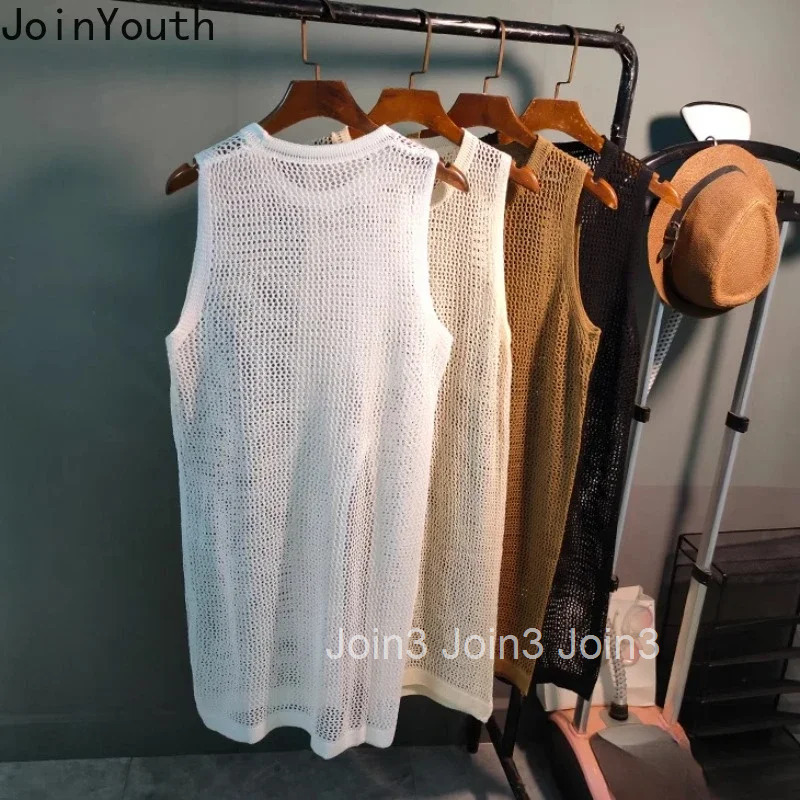 2025 Women Clothes Solid Color Woman Dress O-neck Sleeveless Split Robe Femme Loose Hollow Out Knit Dresses Summer Vestido Femme