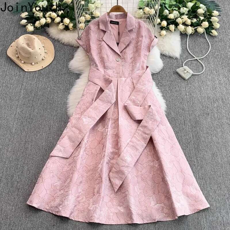 Elegant Woman Dresses 2025 Vestidos De Mujer Slim Waist Bandage Floral Short Sleeve Robe Femme Big Swing Vintage Summer Dress