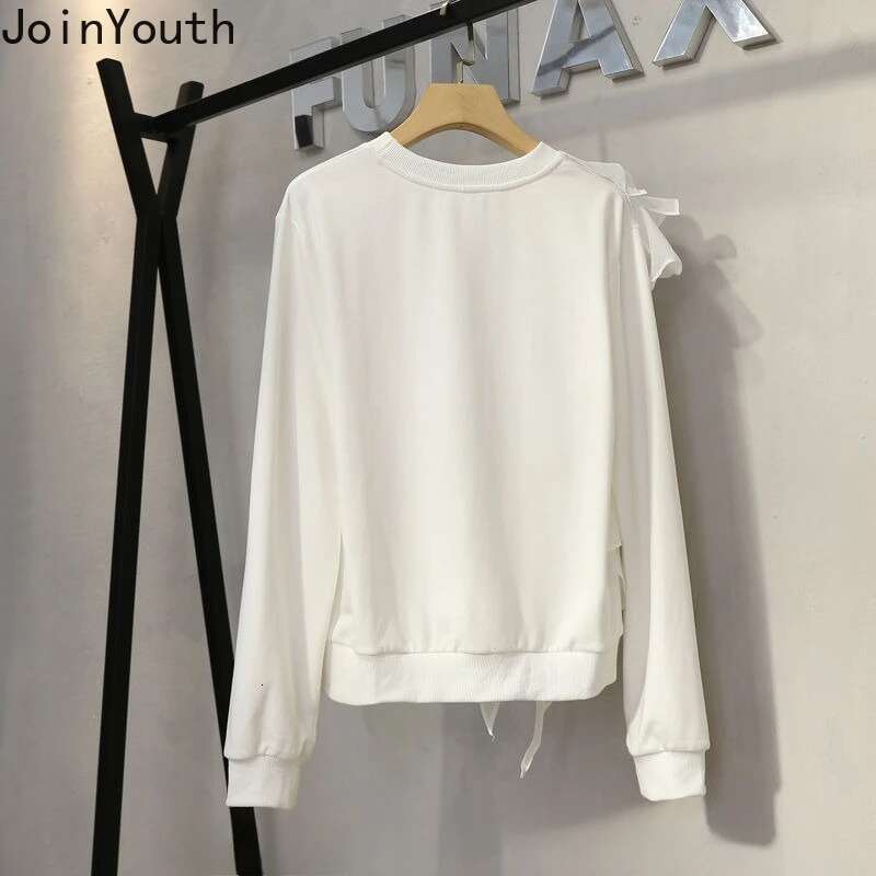 2025 Women Clothing White Hoodies O-neck Long Sleeve Oversized Sweatshirts Y2k Tops Chic Ruffles Irregular Fashion Casual Hoodie