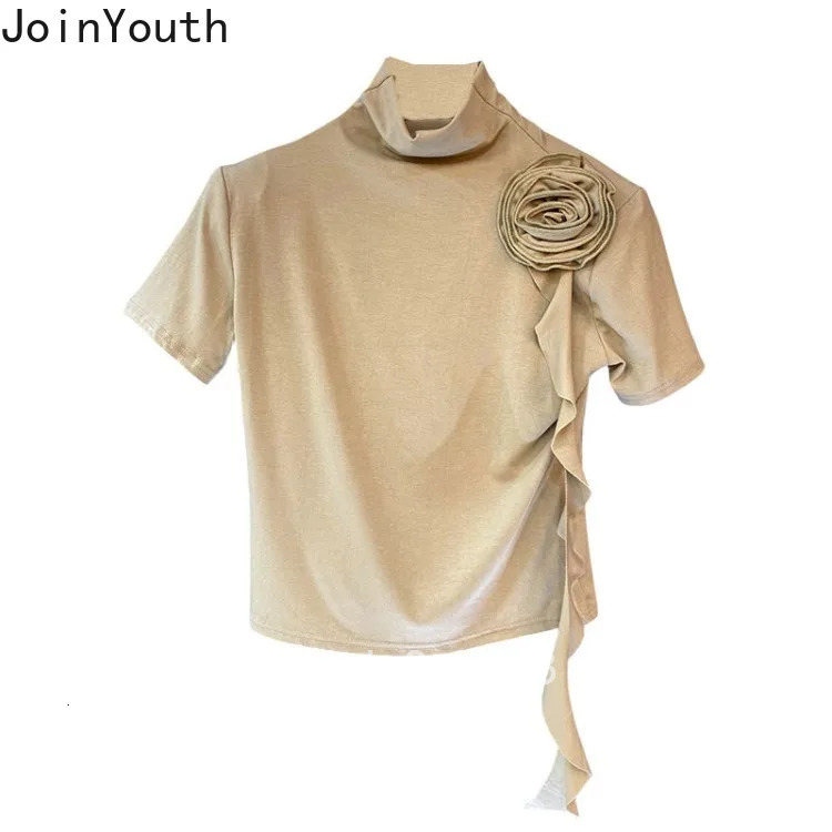 Crop Tops Temperament Woman T Shirts Solid Color Tunic Tees Turtleneck Short Sleeve Camisetas Chic 3D Floral Summer T-shirts