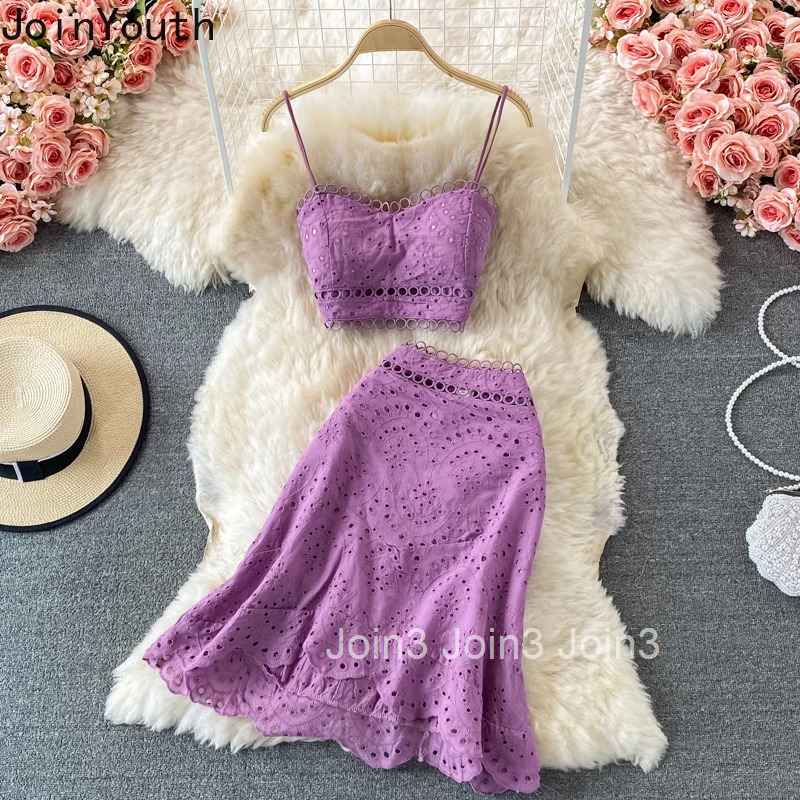 Skirt Outfits Women 2025 Sexy Chic Sweet 2 Piece Sets Roupas Femme Backless Crop Vest High Waist Bodycon Hollow Out Summer Suit