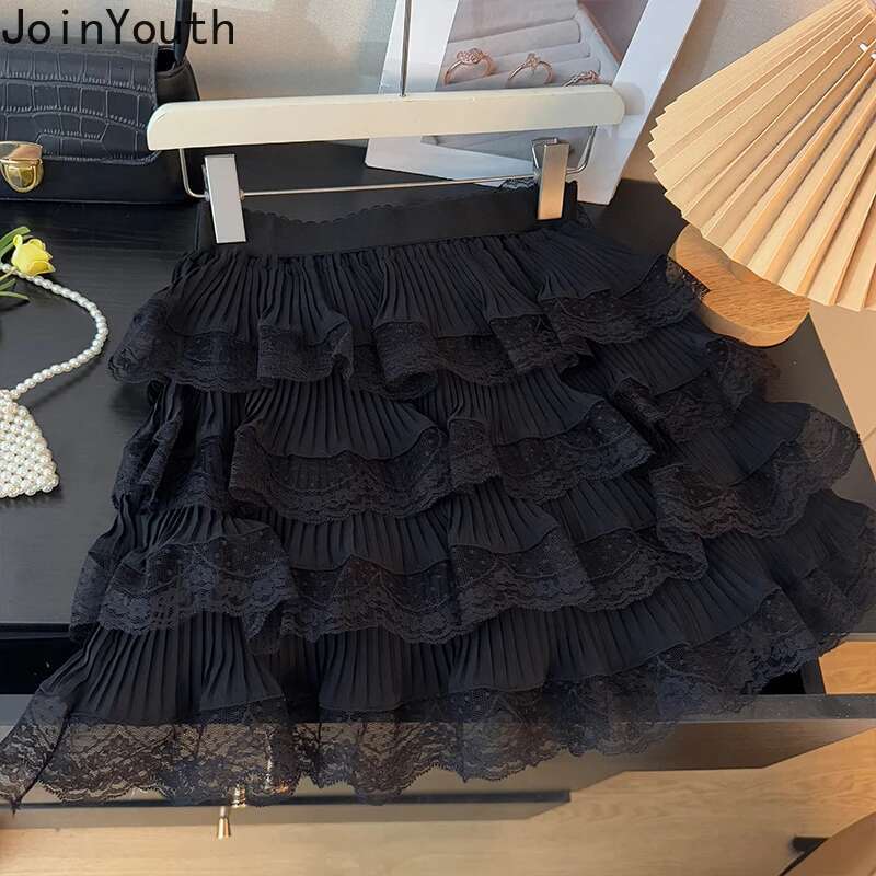 Mini Skirts for Women Sweet Jue High Waist A-line Summer Saia 2025 Faldas Mujer De Moda Patchwork Lace Chic Ruffles Cute Skirt