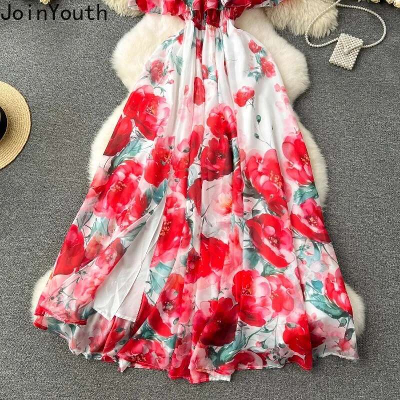 Chiffon Maxi Dresses Women Clothing Slash Neck Off Shoulder Floral Long Robe Femme 2025 Vestidos De Mujer Summer Beach Dress