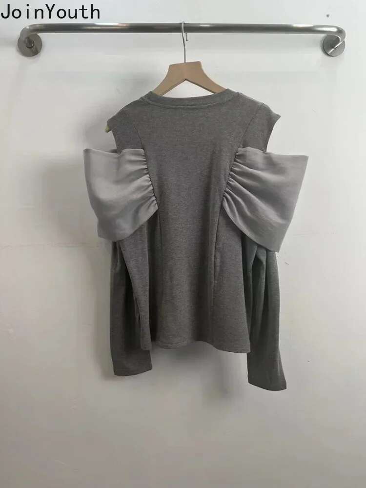 Fashion Woman Tshirts Patchwork Gauze Bow Long Sleeve Tees 2025 Ropa Mujer O-neck Off Shoulder Casual Tops Sexy Y2k T-shirt