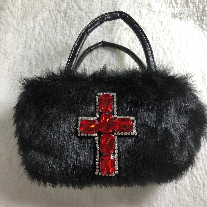 DHGM Xiuya Y2k Gothic Handbag Soft Plush Black Cross Applique Shoulder Fashion Haruku Style Punk Hip Hop Biker Crossbody Bag
