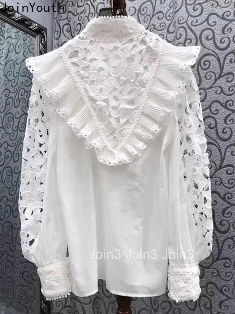 2025 Blusas Mujer De Moda White Blouses for Women Stand Neck Long Sleeve Shirts Hollow Out Embroidery Loose Vintage Blouse Tops