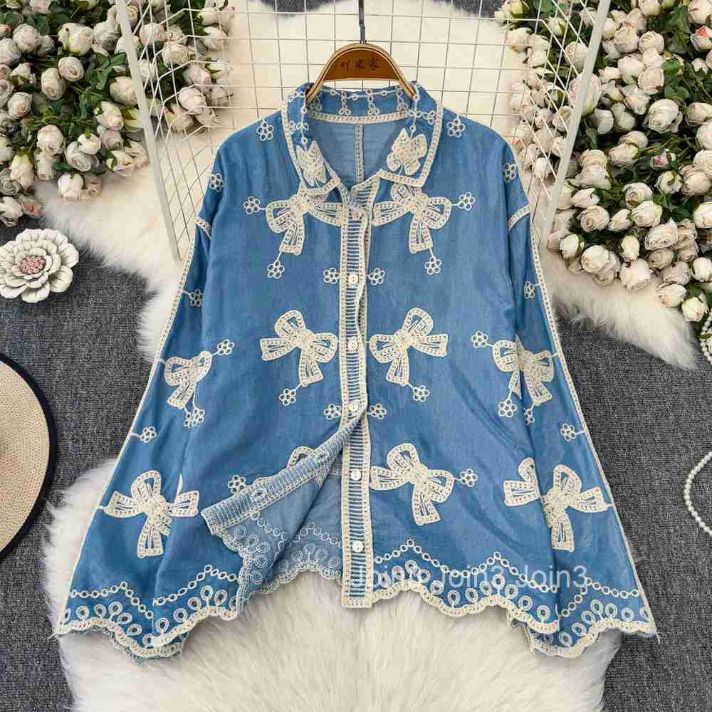 2025 Blusas Mujer De Moda Vintage Blouse Womens Clothes Heavy Butterfly Embroidery Shirts Long Sleeve Loose Summer Blouses Tops