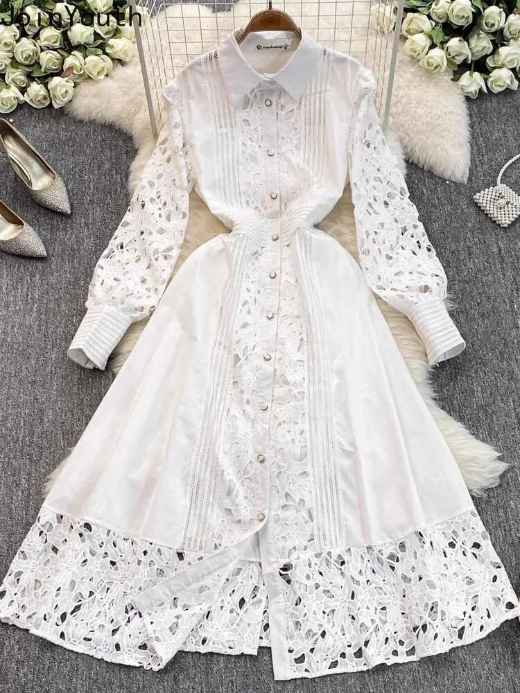 Maxi Dresses for Women Lace Hollow Out Single Breasted A-line Robe Femme Lantern Sleeve Vintage Summer Dress Vestidos De Mujer