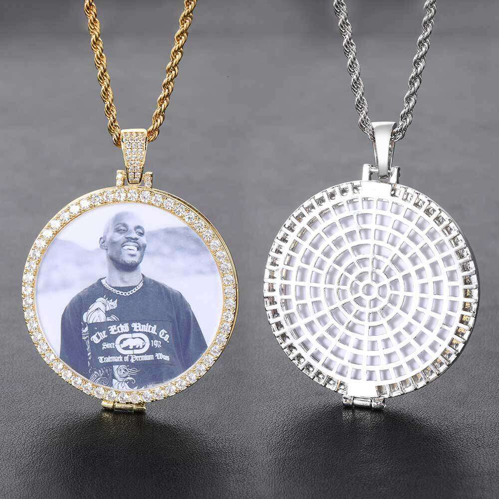 Pendant Micro Paved Zircon Trendy Flip Cover Round Photo Frame Necklace Hip Hop Accessories 2441