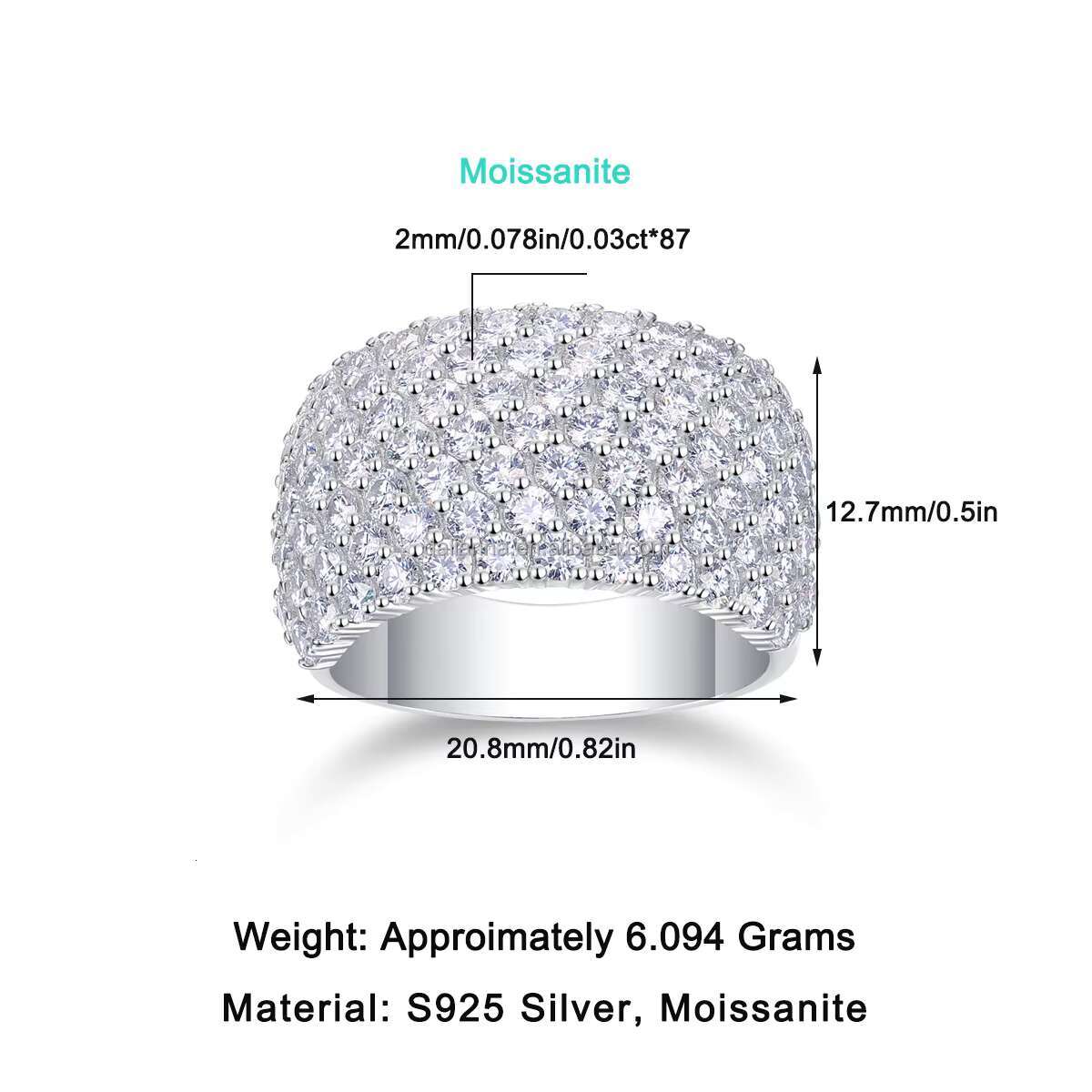 Make a Statement in Modern Mens Fashion with This Attractive 7rows 2mm Moissanite Diamonds Ring Crafted in 925 Sterling Silver
