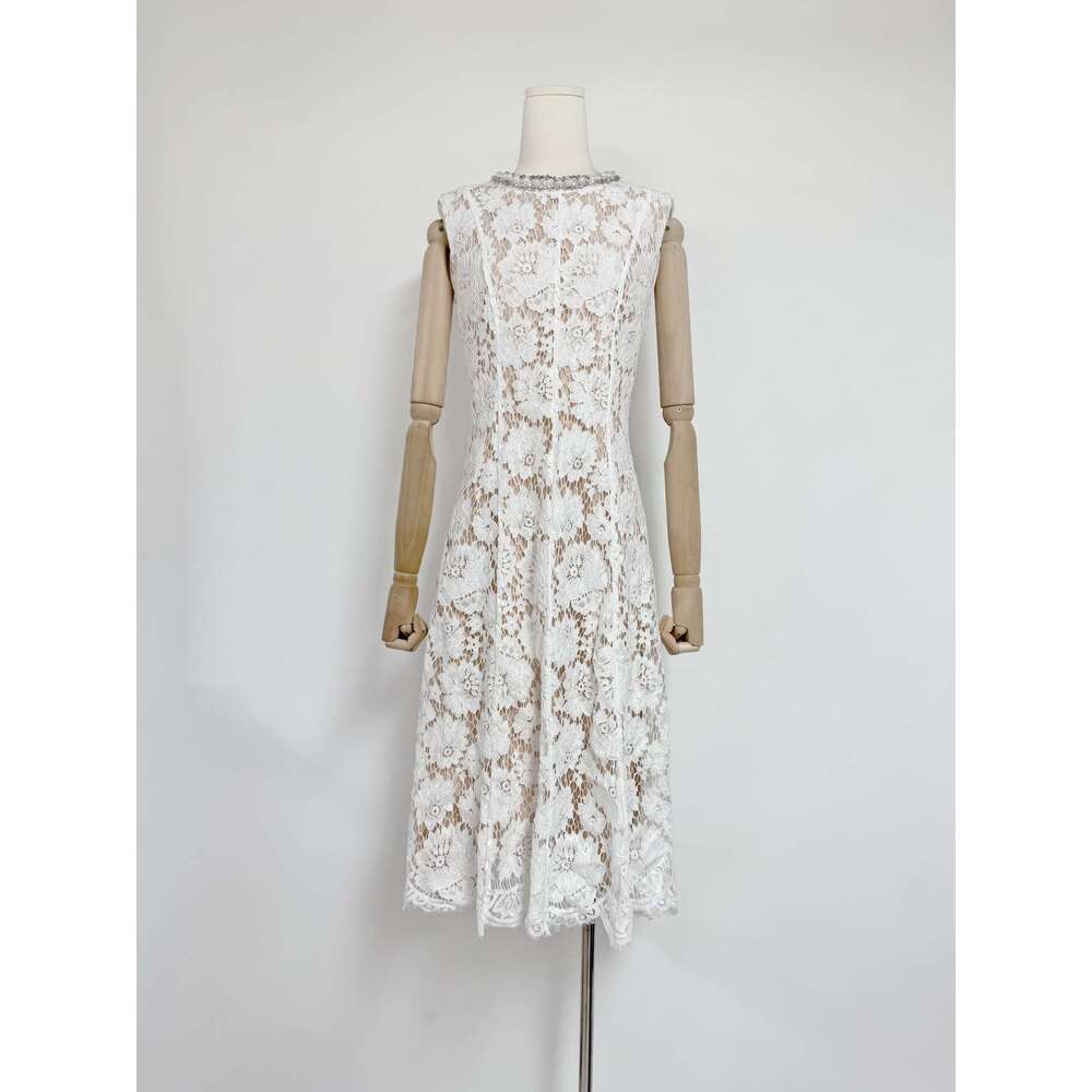 White Skirt Maxi Skirt New Design Sense Beaded Elegant Lace Round Neck Sleeveless High Waist Long Dress Long Skirt