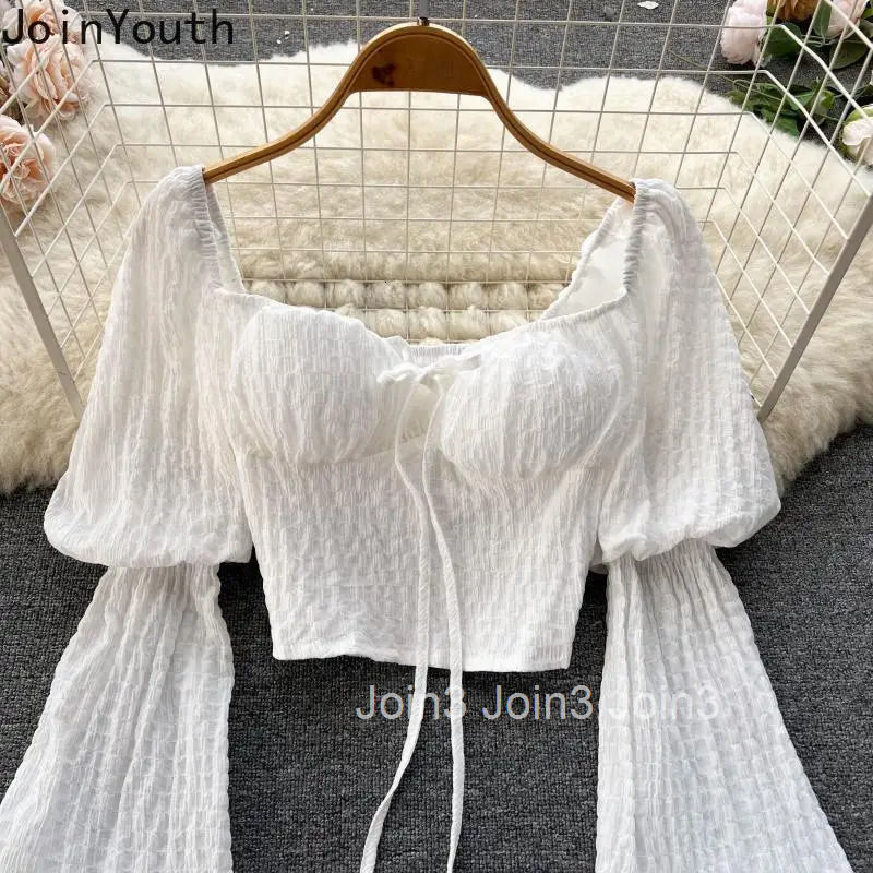 Summer Crop Tops Fashion Blouse Women 22024 Blusas Mujer De Moda Square Collar Puff Sleeve Bandage Tunic White Blouses Shirts