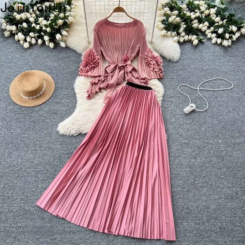 Temperament Two Piece Set Women Clothing Bandage Floral Irregular Tops High Waist Loose Pleated Skirt Suit Chic Vintage Outfits