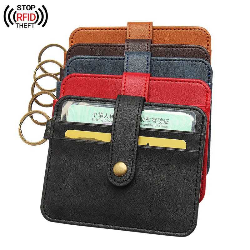 Anti RFID Mini Holder With Drivers License Slot Men Thin ID Bag Women Small Wallet Key Circle Ring Z250621