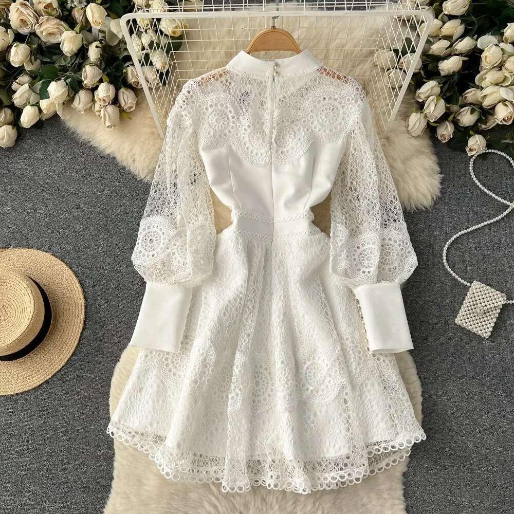 Vintage White Woman Dress Elegant Stand Neck Single Breasted Lace Robe Femme Ruffles Hollow Out Temperament Vestidos De Mujer