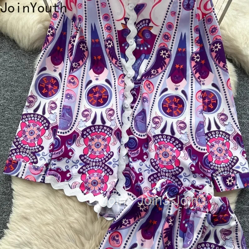 Women Clothes Pants Outfits 2 Piece Sets Roupas Femme Long Sleeve Loose Blouses High Waist Wide Leg Pants Suit Summer Floral Set