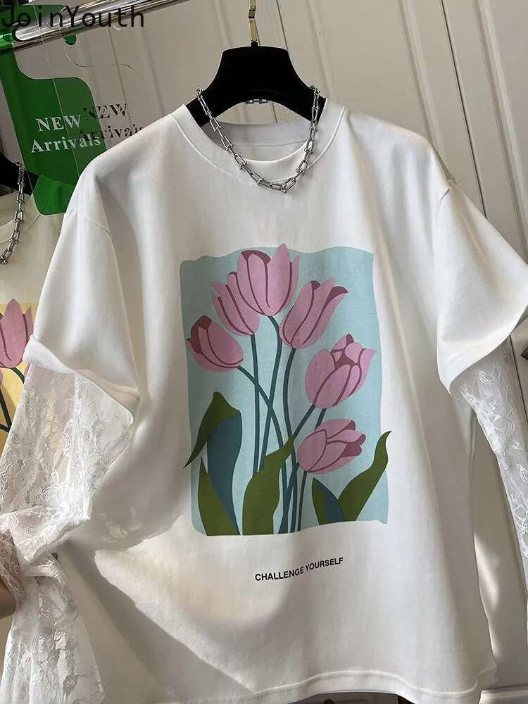 Oversized Woman T Shirts Fake Two Tees Lace Long Sleeve O-neck Floral Camisetas Y2k Tops 2025 Ropa Mujer Chic Casual Y2k Tshirt