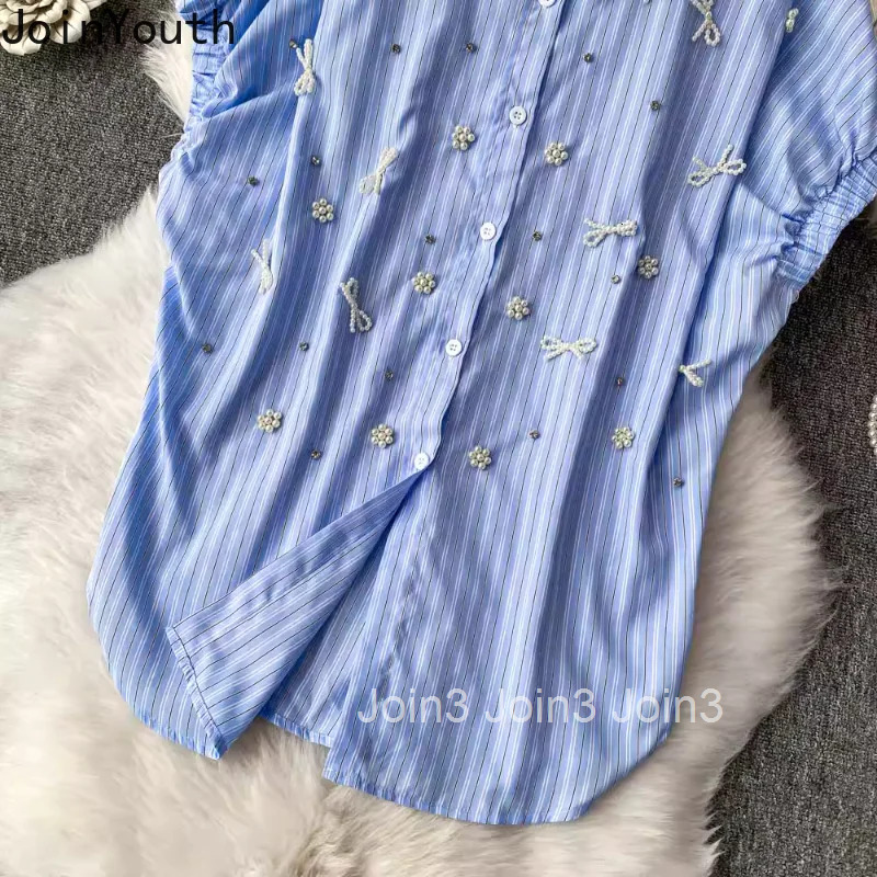 2025 Blusas Mujer De Moda Summer Blouses Womens Clothes Beading Loose Vintage Shirts Short Sleeve Fashion Striped Blouse Tops