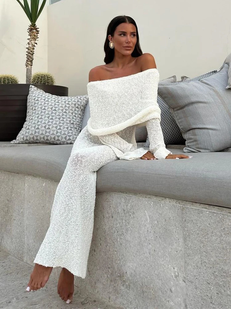 White Elegant Off Shoulder Knit Long Dress Women Fashion Full Sleeve Strapless Bodycon Dresses Summer Beach Vocation Vestidos 250617