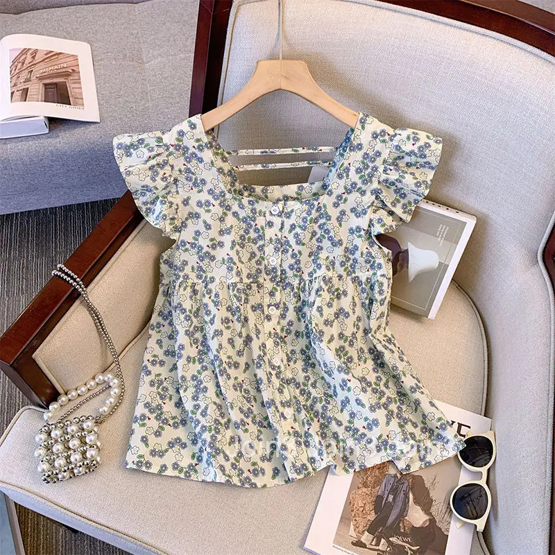 Korean Sweet Women Shirt Square Collar Flying Sleeve Blouses Crop Tops Ruffles Floral Summer Blouse 2025 Camisas De Mujer 27x451