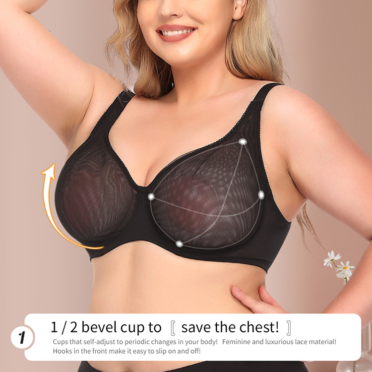 Plus Size Women's Bra Cup Sheer Mesh Underwear Sexy Transparent Lace Bralette No Wire Bra for Daily Wear Sexy Ultra-thin Bra Plus Size Underwear 
