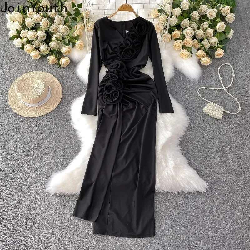 Summer Dress Women Korean Fashion Clothes Temperament Robe Femme Solid Color Split 3D Floral Maxi Dresses 2025 Vestidos De Mujer