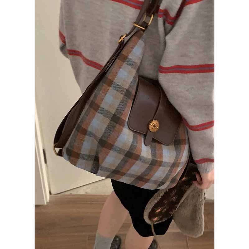 designer bag Korean Wind Casual Wool Plaid Backpack for Women Autumn 2024 New College Style Single Shoulder Tote Bag