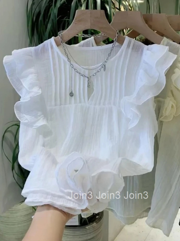 White Blouses for Women 2025 Blusas Mujer De Moda Sleeveless O-neck Loose Shirts Ruffles Loose Vintage Summer Blouse Tops Female