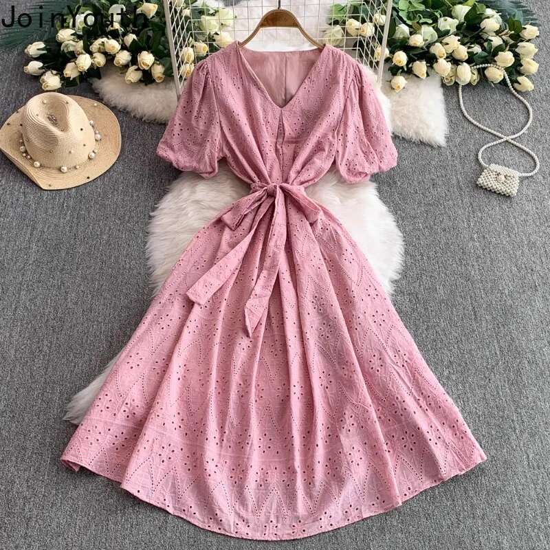 Summer Womens Dress V-neck Puff Sleeve Slim Waist Robe Femme Hollow Out Bandage Vintage White Dresses 2025 Vestidos De Mujer
