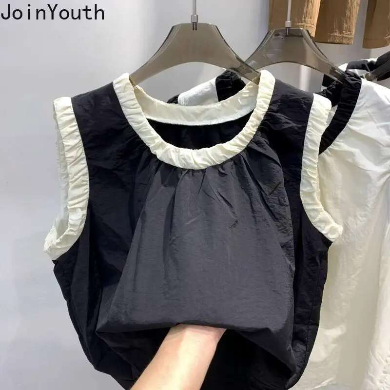 White Women Shirts Chic Summer Tshirts O-neck Sleeveless Casual Tees Vintage Cotton Y2k T-shirt Oversized Tops 2025 Ropa Mujer