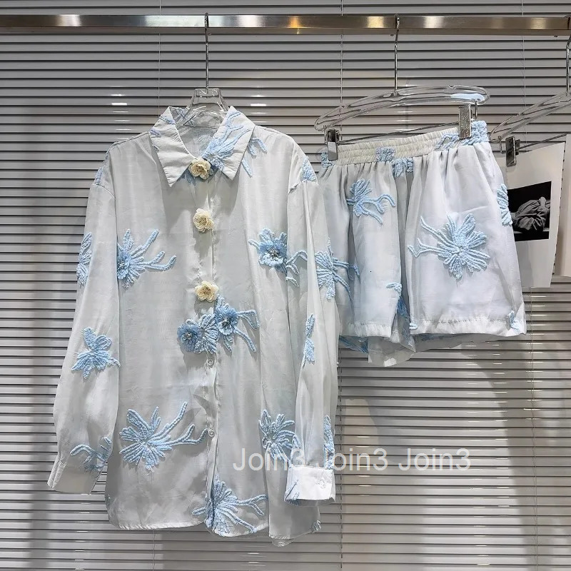 Shorts Set Women Clothing Two Piece Sets Embroidery Long Sleeve Loose Shirt Casual Wide Leg Shorts Suit Fashion Summer Outfits