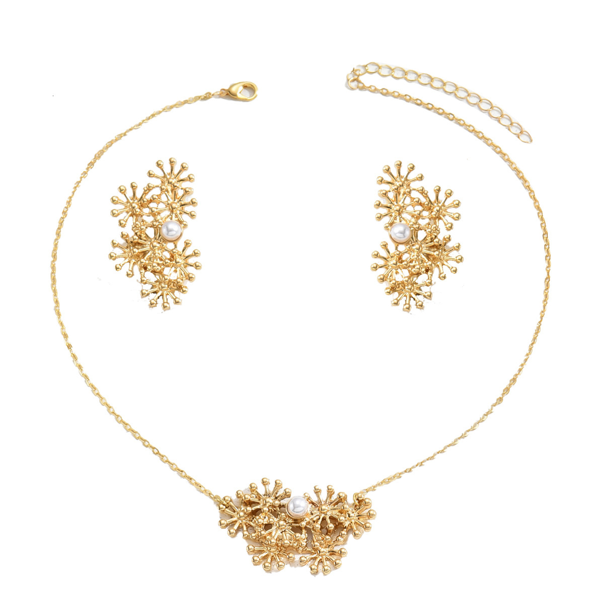 Fashion Suower Design Women's Earrings Necklace Set Personality Style Pearl Inlaid Clavicle Chain