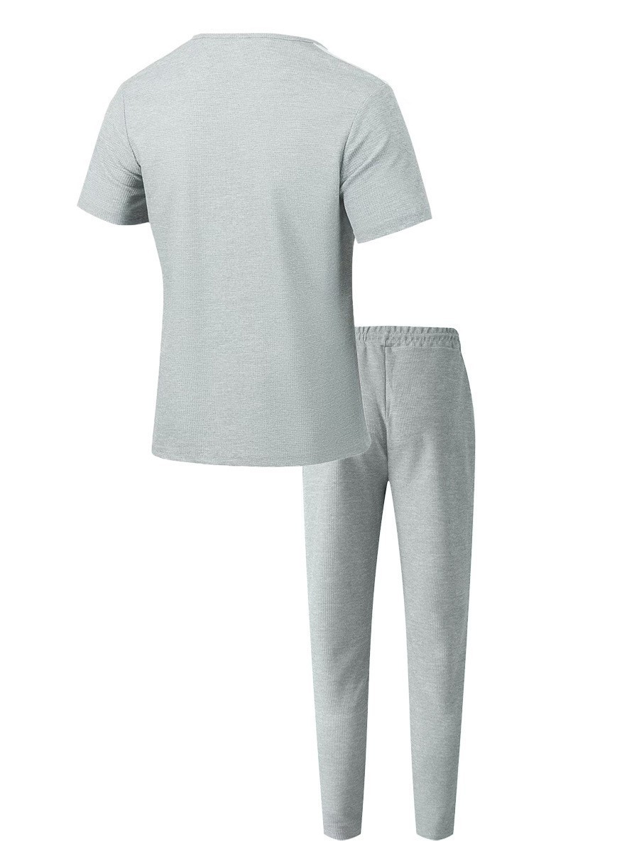 Mens tracksuit Men's fashion two-piece set new Waffle T-shirt fashionable long pants V-neck drawstring short sleeve + long pants two-piece casual