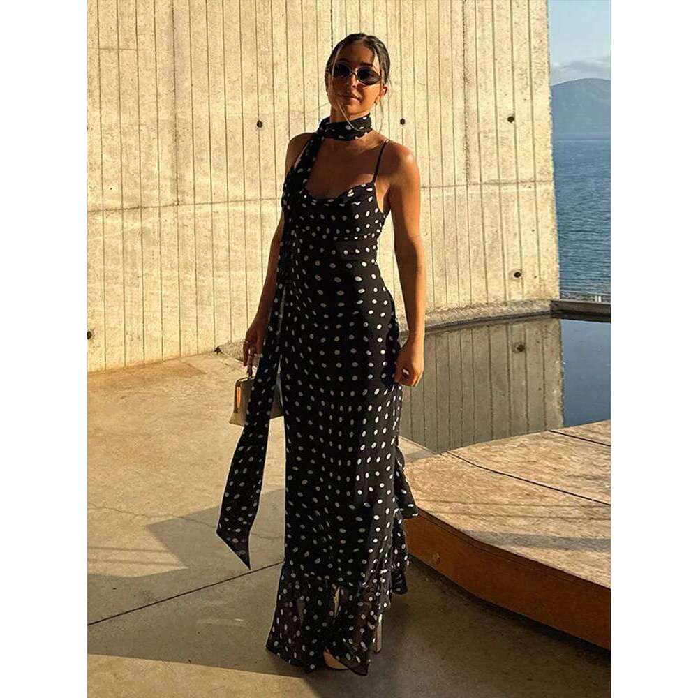 Retro Polk Dot Long Dress With Ribbon Women Sexy Low Cut Sleeveless Pleated Slim Evening Dresses Female Spring Chic Street Party