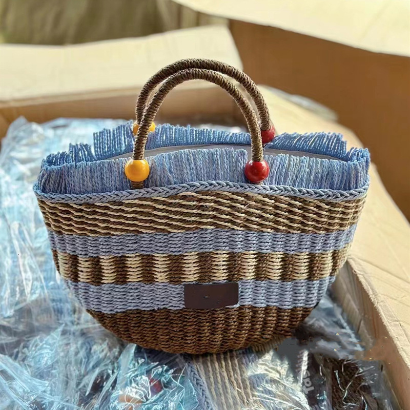 New Straw Designer Shoulder Bag Women's Free Shipping Picnic Basket Tassel Wood Bead Decoration Cute Handbag Bucket Bag Gift